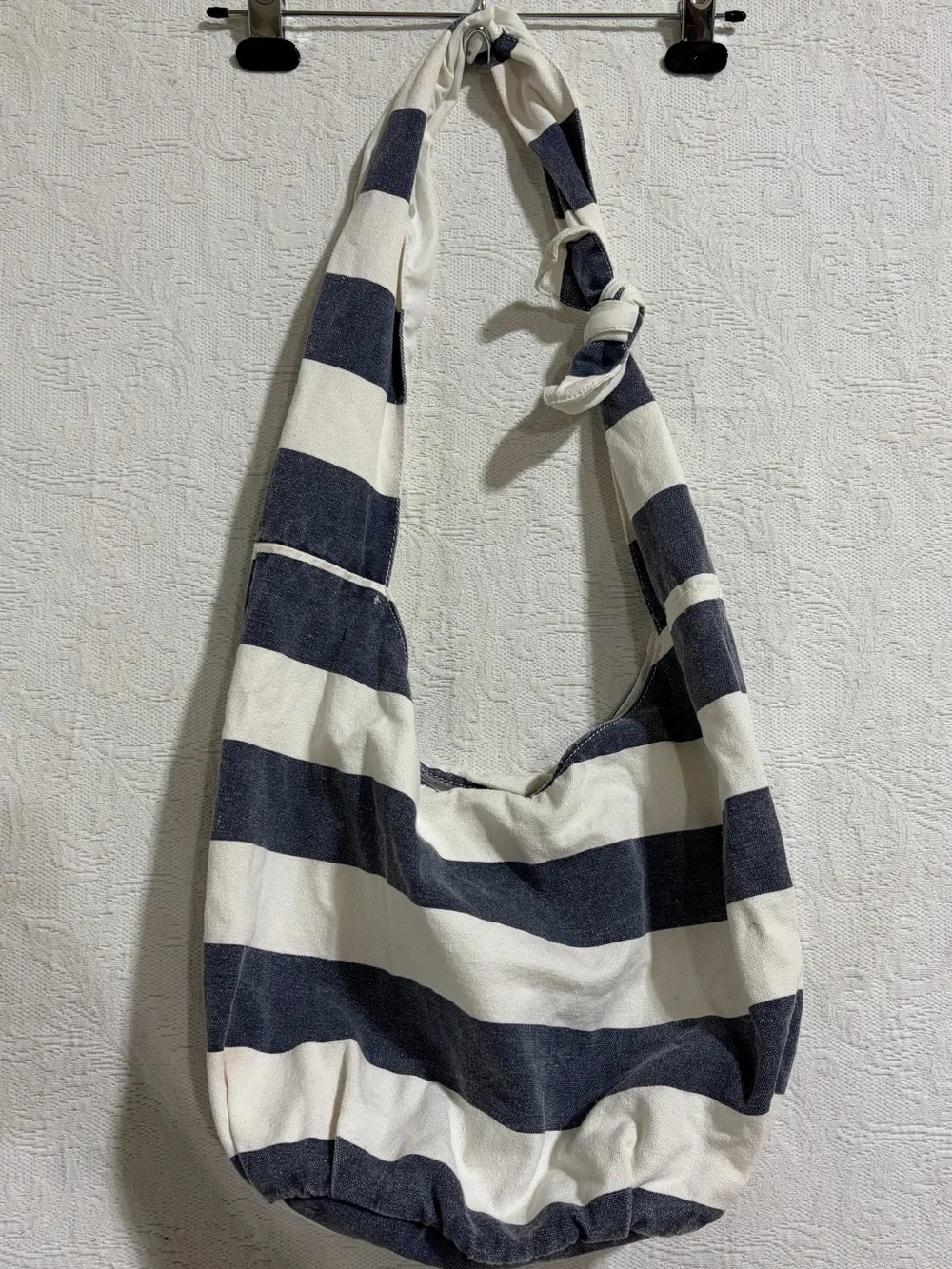 Garage Navy Blue & White Striped Canvas Slouchy Hobo Bag